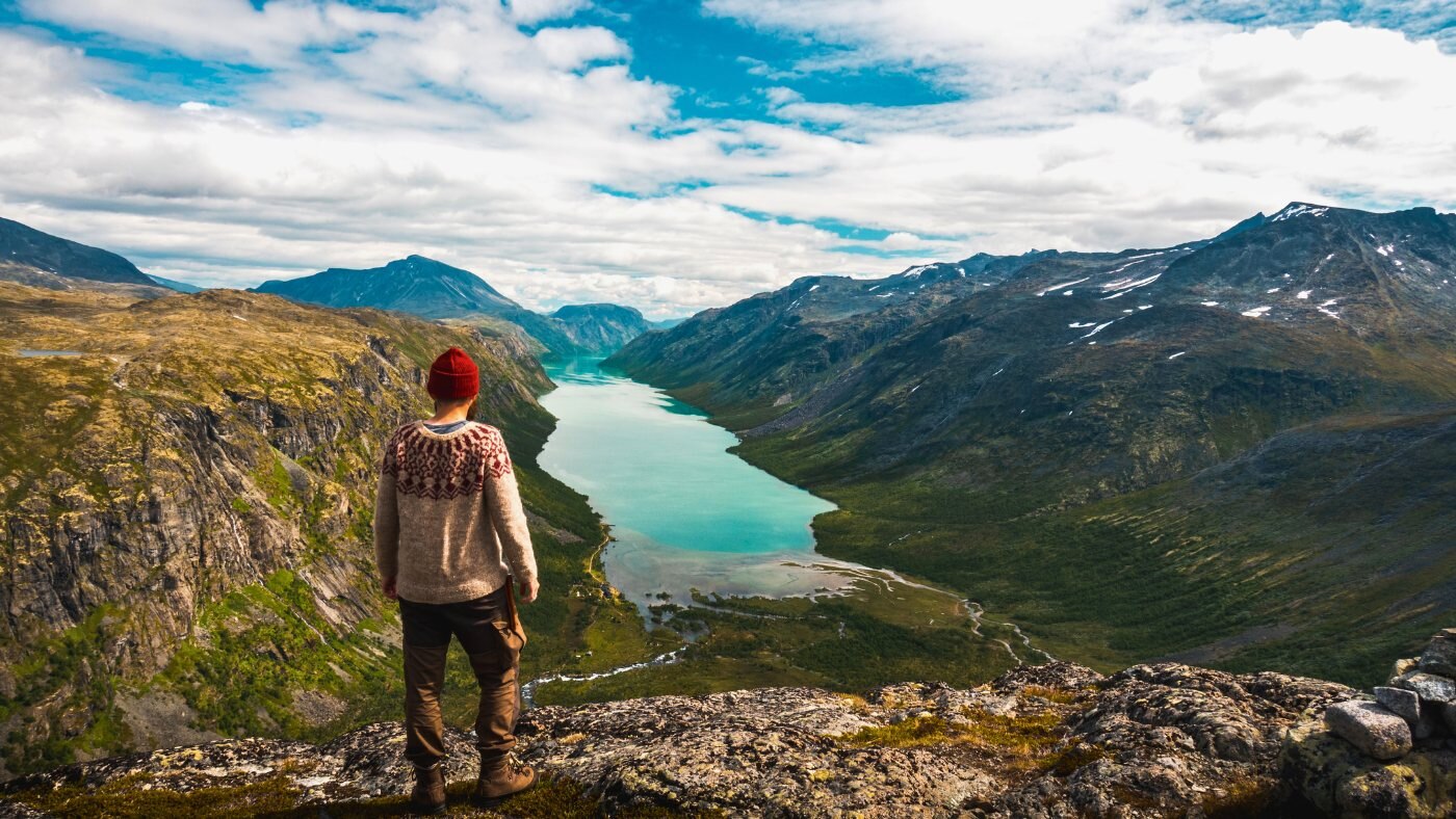Hiking landscape and mountain lake in Jotunheimen
